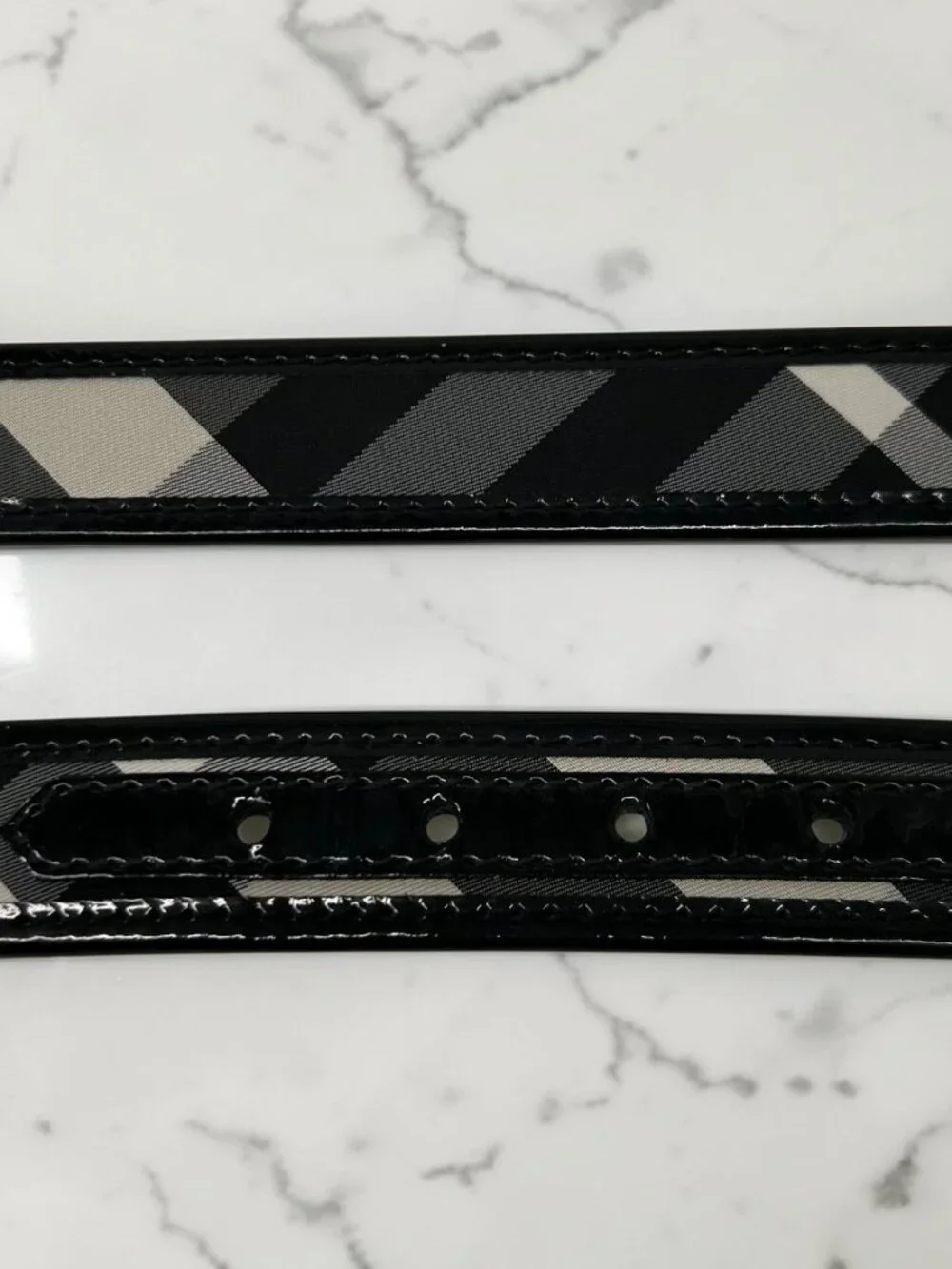 Burberry Black Beat Check and Patent Leather Belt, Size US 32